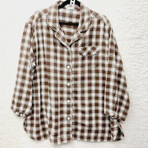 Button-Up Plaid Portuguese Flannel Lagenlook Brown Cottagecore Cozy Soft Size 1X